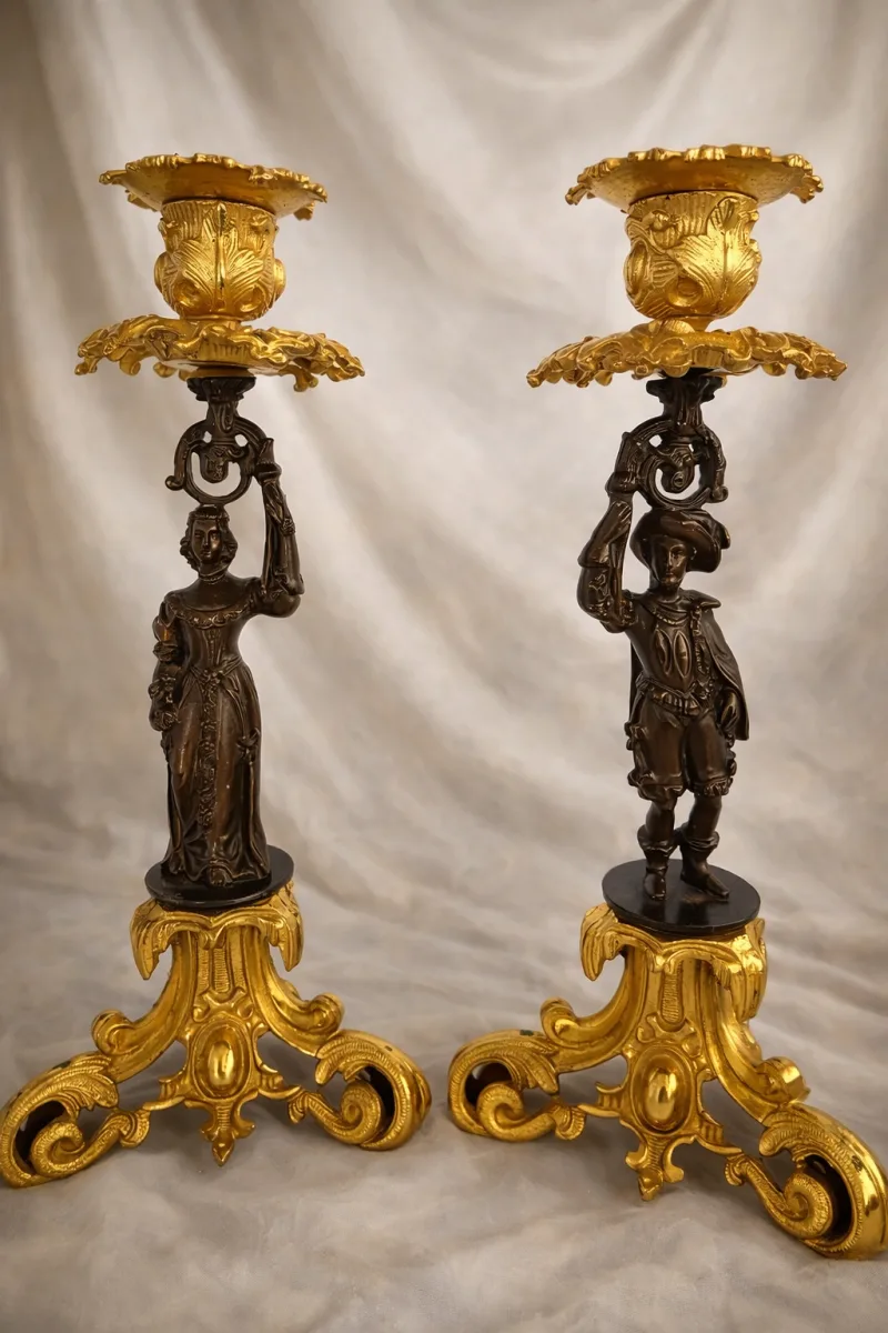 Magnificent Pair of French Belle Époque gilt and patinated spelter figural candlesticks Rare Antique
