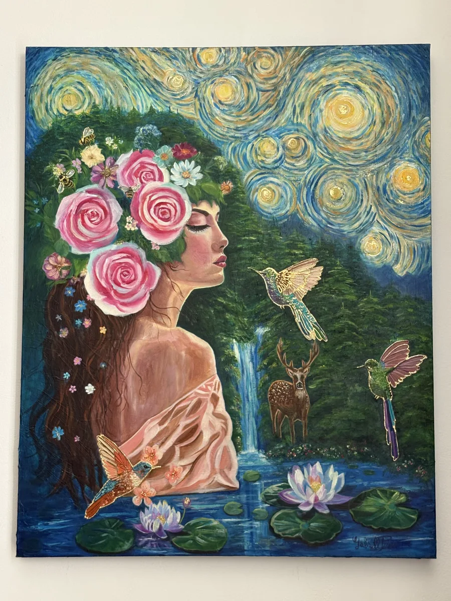 Original Mixed Media Artwork – Woman & Hummingbirds 🌸